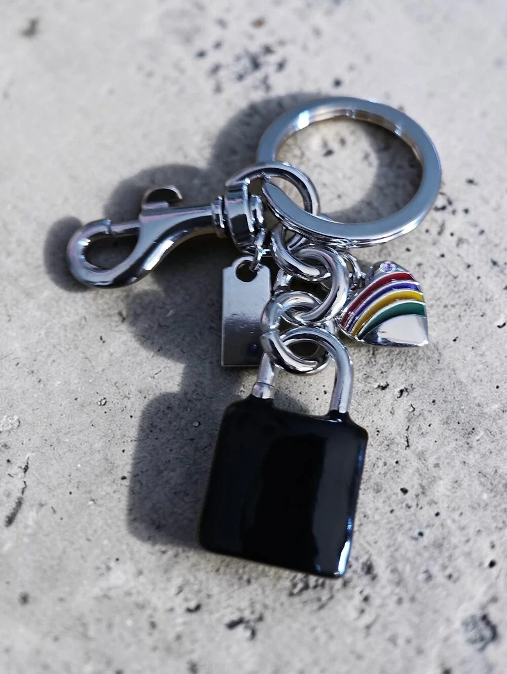 Ssssified BOUTIQUE  NWT Black Enamel Padlock Keychain with Rainbow Charm